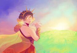 Rule 34 | 1girl, bare shoulders, blonde hair, blue sky, brown hair, dress, flower, gradient hair, highres, holding, holding flower, hoshizora lone, looking at viewer, multicolored hair, orange eyes, outdoors, red dress, short hair, sky, solaria (synthesizer v), solo, standing, strapless, strapless dress, synthesizer v, two-tone hair, upper body, white flower