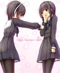 Rule 34 | 2girls, 3:, black hair, black legwear, black serafuku, blue eyes, blue ribbon, blunt bangs, blush, braid, closed eyes, cowboy shot, d:, dress, embarrassed, facing another, floral background, from side, gift, hair ribbon, hand up, happy valentine, heart, heart-shaped pupils, highres, holding, holding clothes, holding gift, holding skirt, long hair, long sleeves, looking at another, missile228, multiple girls, open mouth, original, pantyhose, petticoat, ponytail, religious offering, ribbon, sailor collar, sailor dress, school uniform, serafuku, shy, skirt, standing, symbol-shaped pupils, twin braids, valentine, wavy mouth, yuri