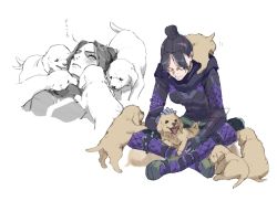 Rule 34 | 1girl, annoyed, apex legends, black bodysuit, black eyes, black hair, black scarf, blush, bodysuit, dog, dog on lap, expressionless, hair bun, licking, looking down, looking up, parted bangs, petting, puppy, renee shika egakan, scarf, single hair bun, tongue, tongue out, wraith (apex legends)