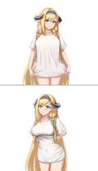 Rule 34 | 1girl, :d, absurdres, arknights, arms behind back, blonde hair, blue eyes, blue hairband, blush, breasts, collarbone, commentary, cowboy shot, dress, gongbangmanchi (daisy cutter), hairband, highres, horns, large breasts, long hair, looking at viewer, multiple views, no pants, open mouth, pencil dress, pointy ears, saileach (arknights), shirt, short dress, short sleeves, simple background, smile, standing, very long hair, white background, white dress, white shirt