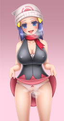 Rule 34 | 1girl, bad id, bad pixiv id, beanie, blue eyes, blue hair, breasts, breath, cleavage, clothes lift, covered erect nipples, creatures (company), dawn (pokemon), empty eyes, game freak, gluteal fold, harumi (harumix), hat, hypnosis, large breasts, matching hair/eyes, mind control, nintendo, panties, pantyshot, pink panties, pokemon, pussy juice, see-through, skirt, skirt lift, solo, underwear, upskirt, wet, wet clothes, wet panties
