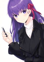 Rule 34 | 1girl, absurdres, black coat, blush, bow, cellphone, closed mouth, coat, commentary request, fate/stay night, fate (series), hair between eyes, hair bow, hand up, highres, holding, holding phone, i.f.s.f, long hair, long sleeves, looking at viewer, matou sakura, phone, puffy long sleeves, puffy sleeves, purple eyes, purple hair, red bow, shirt, simple background, smile, solo, turtleneck, white background, white shirt