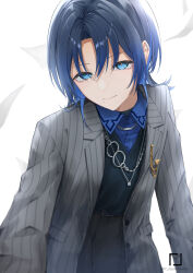 Rule 34 | 1girl, absurdres, androgynous, belt, black belt, black pants, blue eyes, blue hair, blue shirt, grey jacket, highres, hiodoshi ao, hololive, hololive dev is, jacket, jewelry, looking at viewer, mole, mole under mouth, necklace, pants, reverse trap, shirt, short hair, simple background, smile, solo, twitter username, virtual youtuber, white background, y (user kjgm5733)