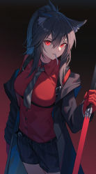 Rule 34 | 1girl, animal ear fluff, animal ears, arknights, belt, black hair, gloves, gradient background, grey necktie, hair between eyes, highres, holding, holding sword, holding weapon, jacket, long hair, long sleeves, looking at viewer, mouth hold, necktie, nian (zhanian), official alternate costume, open clothes, open jacket, red eyes, red shirt, shirt, shorts, smoking, solo, standing, suspenders, sword, texas (arknights), texas (willpower) (arknights), weapon, wolf ears