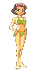 Rule 34 | 1990s (style), 1girl, barefoot, bikini, brown eyes, brown hair, earrings, fugou keiji balance:unlimited, full body, green bikini, hand on own hip, highres, jewelry, kyouko (all purpose cultural cat girl nuku nuku), looking at viewer, navel, no bangs, official art, retro artstyle, scan, short hair, simple background, smile, solo, standing, star (symbol), star earrings, swimsuit, takada yuuzou, white background