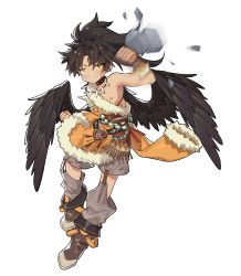 Rule 34 | 1boy, absurdres, belt, black hair, black wings, bone necklace, boots, chestnut mouth, clenched hand, collar, feathered wings, full body, fur trim, hand up, highres, ibex, jewelry, looking at viewer, male focus, motion blur, necklace, nipples, off shoulder, original, simple background, solo, standing, studded collar, white background, wings, yellow eyes