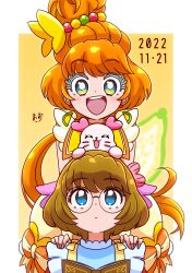 Rule 34 | absurdres, birthday, blue eyes, book, bow, brown hair, choker, colored eyelashes, cure papaya, dated, dual persona, earrings, eyelash ornament, glasses, hair bun, hands on another&#039;s shoulders, highres, ichinose minori, jewelry, kururun (precure), magical girl, mismatched eyelashes, orange hair, precure, round eyewear, sailor collar, smile, thick eyelashes, tropical-rouge! precure, yellow choker, yellow sailor collar, zerolay