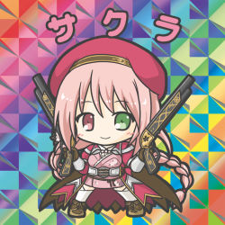 Rule 34 | 1girl, bikkuriman (style), blush, boots, braid, breasts, brown footwear, brown gloves, character name, chibi, closed mouth, dual wielding, floral print, flower knight girl, full body, gloves, green eyes, gun, heterochromia, holding, holding gun, holding weapon, japanese clothes, kimono, long hair, looking at viewer, low twintails, medium breasts, parody, pink hair, pink kimono, print kimono, puffy short sleeves, puffy sleeves, red eyes, ri-net, sakura (flower knight girl), short kimono, short sleeves, smile, solo, standing, thighhighs, twin braids, twintails, very long hair, weapon, white thighhighs