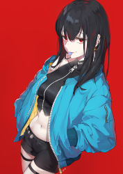 Rule 34 | 1girl, artist name, bad id, bad pixiv id, bare shoulders, black hair, black shirt, black shorts, black theme, blue coat, blue jacket, blush, breasts, coat, collarbone, commentary request, crop top, dutch angle, ear piercing, earrings, emyo, hair between eyes, hands in pockets, highres, jacket, jewelry, long hair, long sleeves, looking at viewer, medium breasts, midriff, mouth hold, multicolored hair, navel, open clothes, open coat, open jacket, original, petals, piercing, red background, red eyes, red hair, shirt, short shorts, shorts, simple background, small breasts, smile, solo, star (symbol), star earrings, stomach, streaked hair, thigh strap, unzipped, zipper, zipper pull tab