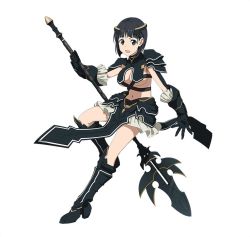Rule 34 | 10s, 1girl, armor, armored boots, black eyes, black footwear, black hair, boots, breasts, cleavage, full body, gauntlets, hair ornament, holding, holding weapon, kirigaya suguha, knee boots, looking at viewer, medium breasts, midriff, navel, open mouth, polearm, short hair, shoulder armor, simple background, solo, pauldrons, spear, standing, stomach, sword art online, underboob, weapon, white background