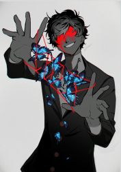 Rule 34 | 1boy, absurdres, amamiya ren, black jacket, blood, blood on face, blue butterfly, btmr game, bug, butterfly, cat&#039;s cradle, grey background, hair between eyes, highres, insect, jacket, limited palette, long sleeves, looking at viewer, male focus, persona, persona 5, school uniform, shirt, shuujin academy school uniform, signature, simple background, solo, upper body