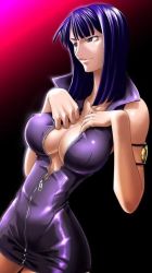 Rule 34 | 1girl, black background, breasts, brown eyes, cleavage, covered erect nipples, gradient background, jpeg artifacts, kagami hirotaka, large breasts, long hair, nico robin, no bra, one piece, purple hair, sleeveless, smile, solo, unzipped, zipper
