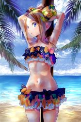 Rule 34 | 1girl, abigail williams (fate), alternate hairstyle, armpits, arms behind head, arms up, awa (rosemarygarden), bare shoulders, beach, bikini, black bikini, black bow, blonde hair, blue eyes, blue sky, blush, bow, collarbone, day, double bun, fate/grand order, fate (series), flat chest, forehead, frilled bikini, frills, hair bow, hair bun, hip focus, long hair, looking at viewer, looking to the side, miniskirt, navel, ocean, official alternate costume, orange bow, palm tree, parted bangs, parted lips, polka dot, polka dot bow, shadow, skirt, sky, solo, sunlight, swimsuit, thighs, tree