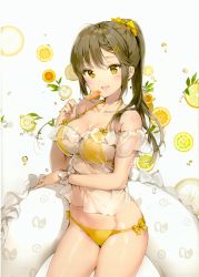 Rule 34 | 1girl, :d, absurdres, air bubble, anmi, bare shoulders, bikini, blush, bow, bow bikini, breasts, brown hair, bubble, candy, collarbone, contrapposto, crop top, food, fruit, hair bow, hair ornament, hairclip, halterneck, highres, holding, holding candy, holding food, holding lollipop, holding swim ring, innertube, large breasts, lemon, lemon print, lemon slice, lollipop, long hair, looking at viewer, mole, mole under mouth, open mouth, original, ponytail, print innertube, scan, see-through, shirt, simple background, smile, solo, standing, swim ring, swimsuit, white background, white shirt, wrist bow, wristband, yellow bikini, yellow bow, yellow eyes, yellow theme