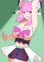 Rule 34 | 1girl, arm up, armpits, black shorts, bow, breasts, cleavage, cowboy shot, creatures (company), game freak, green background, highres, holding, holding microphone, klara (pokemon), large breasts, microphone, midriff, navel, nintendo, open mouth, pink bow, pink hair, pokemon, pokemon swsh, purple eyes, shadow, shorts, smile, solo, tatsu (user rjes8545)
