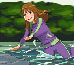 Rule 34 | 1girl, a1 (initial-g), brown eyes, brown hair, long hair, river, running, shoes, sneakers, solo, swimming, track suit, wading, water, what