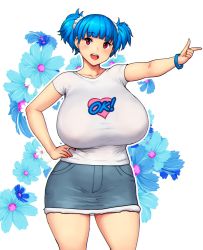 Rule 34 | 1girl, absurdres, blue hair, breasts, commentary, cowboy shot, cropped legs, denim, denim skirt, english commentary, english text, erkaz, eyebrows, floral background, flower, hand on own hip, highres, huge breasts, original, red eyes, rina atherina, skirt, thick thighs, thighs, twintails