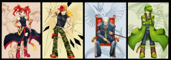 Rule 34 | 1girl, 3boys, articuno, blonde hair, boots, byte (grunty-hag1), camouflage, camouflage pants, cane, card, chair, closed eyes, coat, collar, courtney (pokemon trading card game), creatures (company), crossed arms, detached sleeves, dragonite, facial hair, game freak, gen 1 pokemon, green hair, hair over one eye, hand in pocket, hand on own hip, hat over one eye, highres, jack (pokemon trading card game), legendary pokemon, long coat, moltres, monocle, multiple boys, mustache, necktie, nintendo, pants, pokemon, pokemon (creature), pokemon tcg, pokemon tcg gb, ponytail, red eyes, red hair, rod (pokemon trading card game), steve (pokemon), thighhighs, twintails, white hair, zapdos, zettai ryouiki