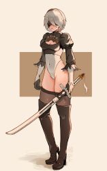 Rule 34 | 1girl, absurdres, black blindfold, black footwear, black gloves, black thighhighs, blindfold, bob cut, boots, breasts, brown background, cleavage, cleavage cutout, clothing cutout, covered navel, elbow gloves, full body, gloves, headband, high heel boots, high heels, highres, holding, holding sword, holding weapon, katana, leotard, medium breasts, nier (series), nier:automata, oukayu, short hair, sleeves past elbows, solo, standing, sword, thigh boots, thighhighs, weapon, white hair, white leotard, 2b (nier:automata)