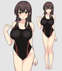 Rule 34 | 1girl, absurdres, akagi (kancolle), bare legs, barefoot, black one-piece swimsuit, breasts, brown eyes, brown hair, collarbone, competition swimsuit, full body, grey background, hair between eyes, highres, kantai collection, large breasts, long hair, noruren, one-piece swimsuit, open mouth, simple background, swimsuit, zoom layer