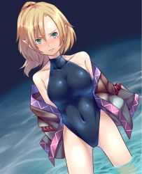 Rule 34 | 1girl, blonde hair, competition swimsuit, covered navel, green eyes, highleg, highleg swimsuit, long hair, mendou saya, mizuhashi parsee, one-piece swimsuit, pointy ears, ponytail, ripples, solo, standing, swimsuit, touhou, turtleneck, wading