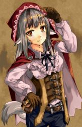Rule 34 | 1girl, animal ears, belt, black hair, brown gloves, closed mouth, fang, fire emblem, fire emblem fates, fuussu (21-kazin), gloves, grey hair, highres, hood, hood up, long hair, long sleeves, multicolored hair, nintendo, red eyes, solo, streaked hair, tail, velouria (fire emblem), wolf ears, wolf tail