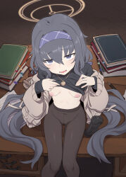 Rule 34 | 1girl, bee (deadflow), black hair, black pantyhose, black shirt, blue archive, blue hairband, book, breasts, cardigan, clothes lift, covered navel, desk, dildo, grey cardigan, hair between eyes, hairband, halo, highres, jewelry, lifted by self, long hair, long sleeves, looking at viewer, nipples, on desk, open mouth, pantyhose, pendant, sex toy, shirt, shirt lift, sitting, on desk, small breasts, solo, ui (blue archive), very long hair