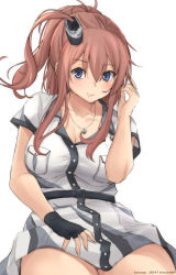 Rule 34 | 1girl, anchor necklace, black gloves, blue eyes, blush, breast pocket, breasts, brown hair, character name, dated, dress, fingerless gloves, gloves, hair between eyes, highres, jewelry, kantai collection, large breasts, looking at viewer, necklace, pocket, saratoga (kancolle), saratoga mk ii (kancolle), side ponytail, sidelocks, simple background, single glove, smile, smokestack hair ornament, solo, timato, twitter username, white background, white dress