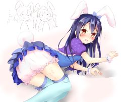 Rule 34 | animal costume, animal ears, bad id, bad pixiv id, bloomers, blue hair, blue legwear, blush, body writing, commentary request, earrings, embarrassed, feet out of frame, hair between eyes, highres, jewelry, long hair, looking at viewer, love live!, love live! school idol festival, love live! school idol project, lying, open mouth, rabbit costume, rabbit ears, rabbit tail, skirt, solo focus, sonoda umi, tail, thighhighs, underwear, yellow eyes, yuuyu (yuuyu015)
