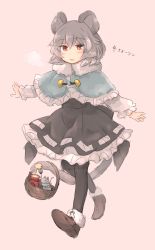 Rule 34 | 1girl, animal ears, bad id, bad pixiv id, black pantyhose, black skirt, blue capelet, blush, brown footwear, capelet, grey hair, highres, long sleeves, looking at viewer, mouse (animal), mouse ears, mouse tail, nazrin, pantyhose, parted lips, prehensile tail, red eyes, shoes, short hair, skirt, solo, tail, touhou, tsukiori