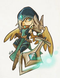 Rule 34 | 1girl, aa2233a, blue eyes, chibi, gloves, hood, kayle (league of legends), league of legends, solo, sword, weapon, white hair, wings