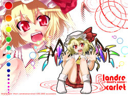 Rule 34 | 1girl, ascot, blonde hair, blush, character name, crystal, dress, english text, fang, female focus, flandre scarlet, gengorou, hat, highres, looking at viewer, mob cap, open mouth, ponytail, rainbow, red dress, red eyes, shirt, short hair, short sleeves, side ponytail, sitting, sleeveless, sleeveless dress, smile, socks, solo, teeth, touhou, white background, white hat, white shirt, white socks, wings, yellow ascot