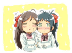 Rule 34 | 10s, 2girls, = =, ahoge, antenna hair, apron, black hair, blush, bow, brown hair, cheek-to-cheek, commentary request, engiyoshi, closed eyes, green eyes, hair bow, hair ornament, hair ribbon, hairclip, heads together, irako (kancolle), kantai collection, kappougi, long hair, looking at viewer, mamiya (kancolle), multiple girls, open mouth, ponytail, revision, ribbon, smile, triangle mouth
