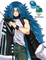 Rule 34 | 1boy, belt, black belt, black jacket, black shirt, blue eyes, blue hair, blue jacket, character name, commentary request, cowboy shot, curtained hair, food, fruit, fur-trimmed jacket, fur trim, furrowed brow, green pants, hand up, highres, holding, holding riding crop, holding weapon, humanization, jacket, jitome, long hair, looking at viewer, male focus, melon, multicolored clothes, multicolored jacket, multicolored shirt, muscular, muscular arms, muscular male, open clothes, open jacket, oversized clothes, oversized jacket, pants, personification, plants vs zombies, scar, scar across eye, scar across the face, shirt, simple background, sleeveless, tagme, toned, toned male, turtleneck, turtleneck shirt, very long hair, watermelon, weapon, white background, white jacket, white shirt, winter melon (plants vs zombies), wristband