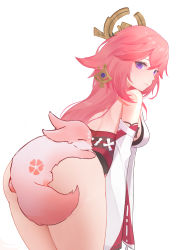 Rule 34 | 1girl, absurdres, akarichan (1286817552), animal ears, ass, bare back, bent over, commentary request, detached sleeves, dual persona, earrings, fox, fox ears, fox girl, from behind, genshin impact, hair between eyes, highres, japanese clothes, jewelry, long hair, long sleeves, looking at viewer, looking back, nontraditional miko, pink hair, purple hair, ribbon-trimmed sleeves, ribbon trim, sidelocks, simple background, underwear, vision (genshin impact), white background, wide sleeves, yae miko, yae miko (fox)