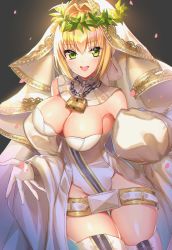 Rule 34 | 1girl, ahoge, bad id, bad pixiv id, bare shoulders, belt, blonde hair, blush, breasts, bridal veil, chain, cleavage, detached collar, dress, elbow gloves, fate/extra, fate/extra ccc, fate (series), full-length zipper, gloves, gradient background, green eyes, grey background, hair between eyes, hair intakes, head wreath, highleg, highleg leotard, highres, kernel killer, large breasts, leotard, lock, long hair, long sleeves, looking at viewer, loose belt, nero claudius (bride) (fate), nero claudius (bride) (third ascension) (fate), nero claudius (fate), nero claudius (fate) (all), open mouth, padlock, petals, smile, solo, strapless, strapless leotard, thighs, veil, wedding dress, white gloves, white leotard, white sleeves, wide sleeves, zipper, zipper pull tab