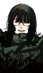 Rule 34 | 1girl, black eyes, black hair, blood, blood on clothes, blood on face, braces, commentary, english commentary, english text, glasses, highres, hoshi san 3, long hair, looking at viewer, mole, mole under eye, open mouth, original, semi-rimless eyewear, simple background, smile, solo, under-rim eyewear, upper body, white background, zipper, zipper pull tab