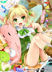 Rule 34 | 1girl, blonde hair, blush, bow, company name, fang, green bow, green eyes, green ribbon, hair ribbon, holding, holding stuffed toy, index finger raised, looking at viewer, open mouth, panties, pantyshot, picpicgram, pointing, pointing at viewer, pointy ears, ribbon, shinkai no valkyrie, short hair, short twintails, sitting, smile, solo, stuffed animal, stuffed dinosaur, stuffed toy, twintails, underwear, white panties