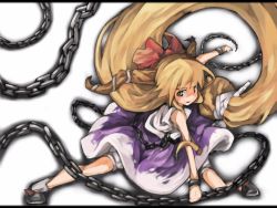 Rule 34 | &gt;:), 1girl, absurdly long hair, bad id, bad pixiv id, blonde hair, bow, chain, cucui, cusui, female focus, hair bow, horns, ibuki suika, kneeling, long hair, low-tied long hair, oni, outstretched leg, smile, solo, touhou, v-shaped eyebrows, very long hair