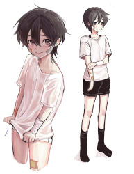 Rule 34 | 1boy, :&gt;, absurdres, aube, bandage on face, bandages, bandaid, bandaid on cheek, bandaid on face, black legwear, blush, full body, hair between eyes, highres, lee hoon, looking at viewer, male focus, multiple views, shirt, short shorts, shorts, simple background, socks, suicide boy, t-shirt, tears, thighs, white background