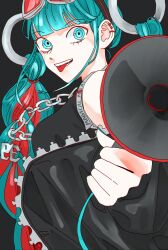 Rule 34 | 1girl, 39, absurdres, aqua eyes, aqua hair, black background, black jacket, blunt bangs, braid, chain, chain necklace, ear piercing, goggles, goggles on head, hair ornament, hatsune miku, hero (vocaloid), highres, holding, holding megaphone, jacket, jewelry, long hair, magical mirai (vocaloid), magical mirai miku, magical mirai miku (2023), mangomelange, megaphone, multicolored hair, necklace, piercing, sleeveless, smile, solo, tongue, tongue out, twin braids, twintails, two-tone hair, vocaloid