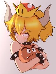 Rule 34 | 1girl, animal, armlet, black choker, blonde hair, blue eyes, bowsette, bracelet, choker, closed mouth, collar, cropped torso, eyebrows, frown, goomba, gradient background, grey background, holding, holding animal, horns, jewelry, looking back, mario (series), medium hair, mityubi, new super mario bros. u deluxe, nintendo, short ponytail, solo, spiked armlet, spiked bracelet, spiked collar, spikes, super crown, sweat, upper body