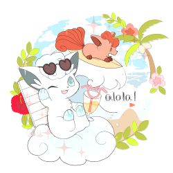 Rule 34 | ;d, alolan form, alolan vulpix, bad id, bad pixiv id, brown eyes, cloud, commentary request, creatures (company), day, drinking straw, flag, flower, game freak, gen 1 pokemon, gen 7 pokemon, glass, heart, heart-shaped eyewear, highres, liquid, nao (naaa 195), nintendo, no humans, one eye closed, open mouth, outdoors, palm tree, pokemon, pokemon (creature), red flower, sky, smile, sparkle, sunglasses, surfboard, surfing, tongue, tree, vulpix, waving