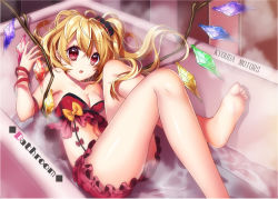 Rule 34 | 1girl, ahoge, alternate costume, bad id, bad pixiv id, bandeau, bare legs, barefoot, bathtub, blonde hair, bloomers, blush, bow, breasts, cleavage, commentary request, crystal, feet, feet out of frame, flandre scarlet, hair between eyes, hair ornament, hair scrunchie, hand up, indoors, knees up, kyouda suzuka, long hair, looking at viewer, lying, nail polish, navel, no headwear, on back, orange bow, parted lips, red bloomers, red bow, red eyes, red nails, red ribbon, red scrunchie, ribbon, scrunchie, small breasts, soles, solo, steam, stomach, thighs, toes, touhou, underwear, water, wings