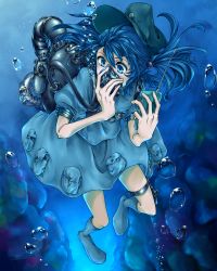 Rule 34 | 1girl, bad id, bad pixiv id, bare legs, blue hair, boots, breath, bubble, blowing bubbles, diving, diving mask, dress, equala, goggles, hair bobbles, hair ornament, hands on own face, hat, highres, holster, kawashiro nitori, key, legs, ocean, pocket, puffy short sleeves, puffy sleeves, rubber boots, shirt, short hair, short sleeves, skirt, skirt set, smile, solo, thigh holster, touhou, twintails, two side up, underwater, walkie-talkie, wet, wet clothes