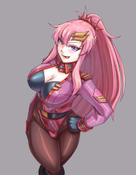 Rule 34 | black pantyhose, blue eyes, breasts, cleavage, corruption, crossed legs, dark persona, from above, gundam, gundam seed, gundam seed destiny, hand on own hip, highres, lacus clyne, large breasts, leebigtree, licking lips, long hair, looking up, pantyhose, pink hair, ponytail, sidelocks, solo, thick thighs, thighs, tongue, tongue out, v-shaped eyebrows