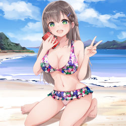 Rule 34 | 1girl, :d, bare arms, bare legs, bare shoulders, barefoot, bikini, blue sky, blush, braid, breasts, brown hair, can, cleavage, cloud, cola, commentary request, day, floral print, green eyes, groin, hair between eyes, hair ornament, hairclip, hands up, highres, holding, holding can, lake, long hair, medium breasts, mountain, mutang, navel, open mouth, original, outdoors, print bikini, sky, smile, solo, swimsuit, very long hair, water