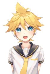 Rule 34 | 1boy, aqua eyes, aroeruji3, bass clef, blonde hair, blue eyes, blush, close-up, commentary, highres, kagamine len, looking at viewer, male focus, sailor collar, short hair, smile, solo focus, vocaloid, white background