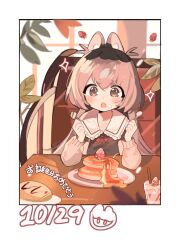Rule 34 | 1girl, :o, animal ear fluff, animal ears, blueberry, blush, border, brown eyes, brown hair, chair, cup, dated, dress, eating, food, food on face, fork, frilled shirt collar, frills, fruit, happy birthday, highres, holding, holding spoon, jacket, jjjjmmn errr, letterboxed, long hair, long sleeves, looking at viewer, on chair, open clothes, open jacket, open mouth, original, pancake, pancake stack, pink hair, plant, plate, rabbit ears, shirt, sitting, solo, sparkle, spoon, squirrel (jjjjmmn err), strawberry, syrup, table, thick eyebrows, virtual youtuber, whipped cream, white background, white border