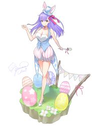 Rule 34 | 1girl, alternate costume, animal ears, bad id, bad pixiv id, bare shoulders, blue hat, blue vest, blush, breasts, cleavage, coattails, easter, easter egg, egg, fate/grand order, fate (series), flower, full body, hair ribbon, hat, high heels, highres, kama (fate), large breasts, legs, light purple hair, long hair, looking at viewer, pink ribbon, pink shorts, puffy shorts, purple eyes, rabbit ears, ribbon, shorts, signature, simple background, smile, solo, striped clothes, striped shorts, top hat, vest, white background, white footwear, yamamura umi